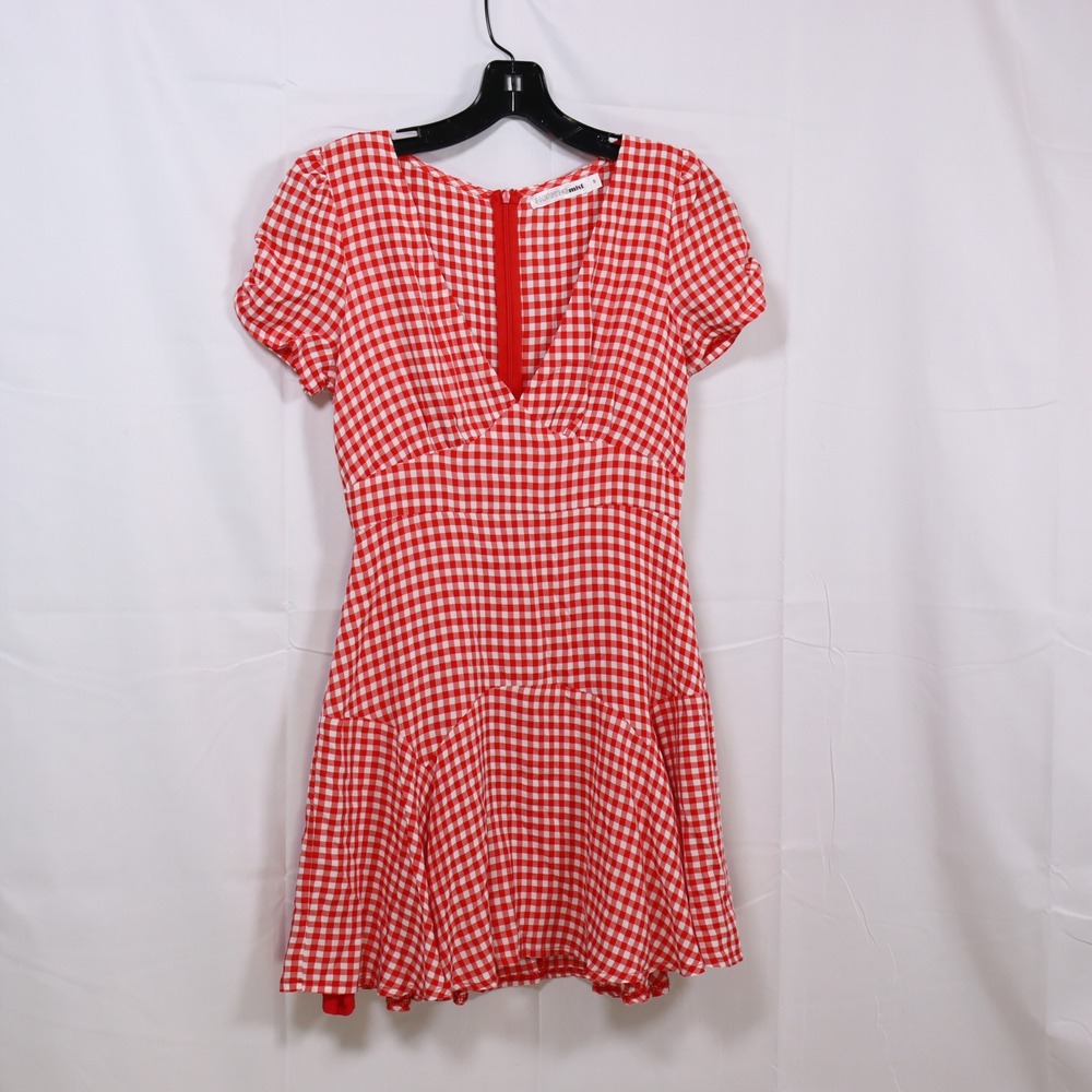 Morning Mist Gingham Dress 8 Red Womens V-Neck‎ Short Sleeve Picnic Mini